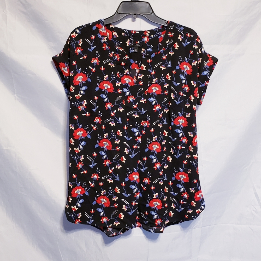 Talbots Black Floral Print Top Size Medium Cap Sleeves